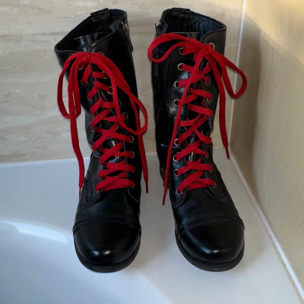 Steve Madden Black Leather Combat Boots with Red Laces